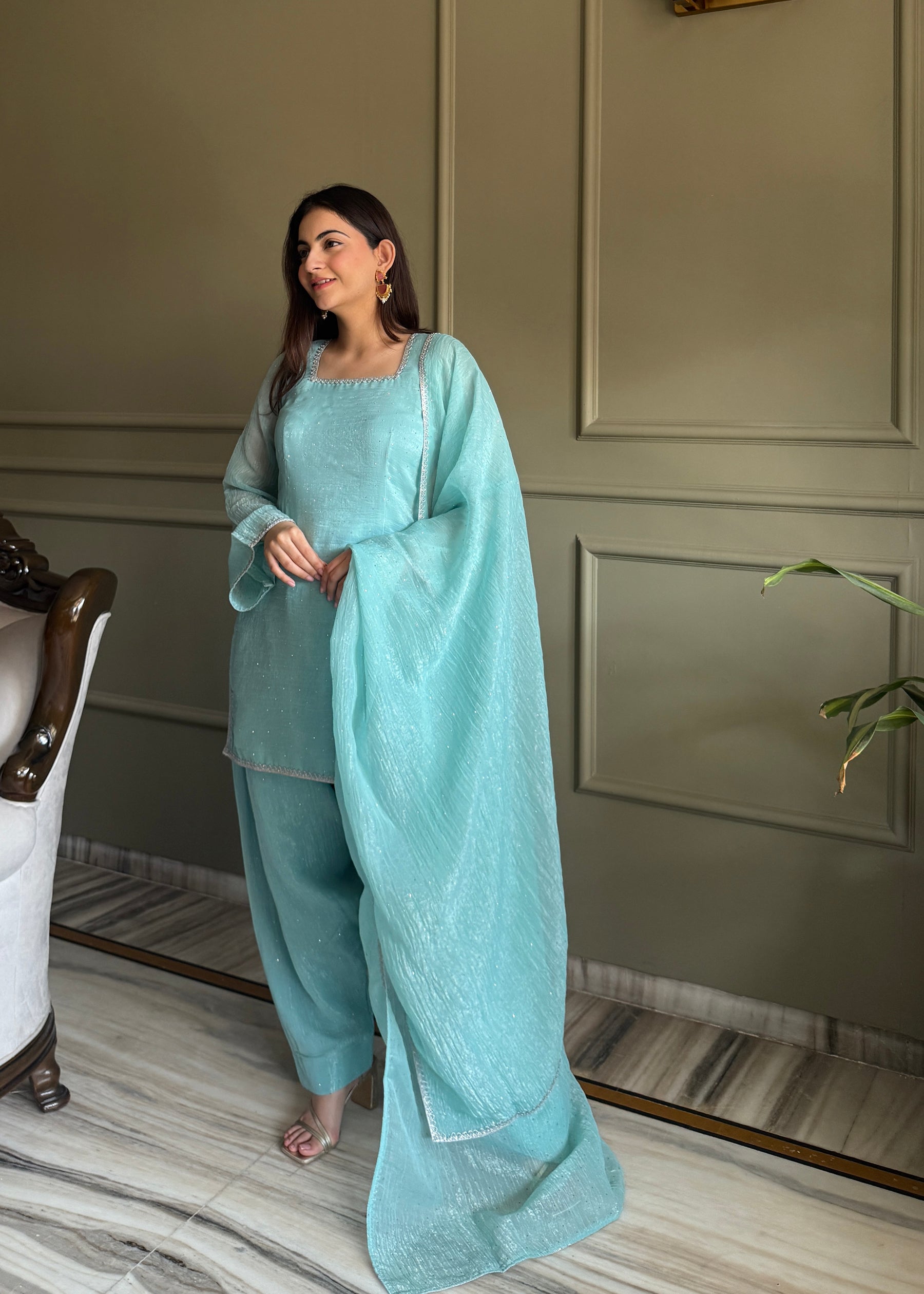 Lorenvalley Fashion Skyblue Crunchy Silk with Siroski Work with Fancy Lace Work Kurta Salwar with Dupatta