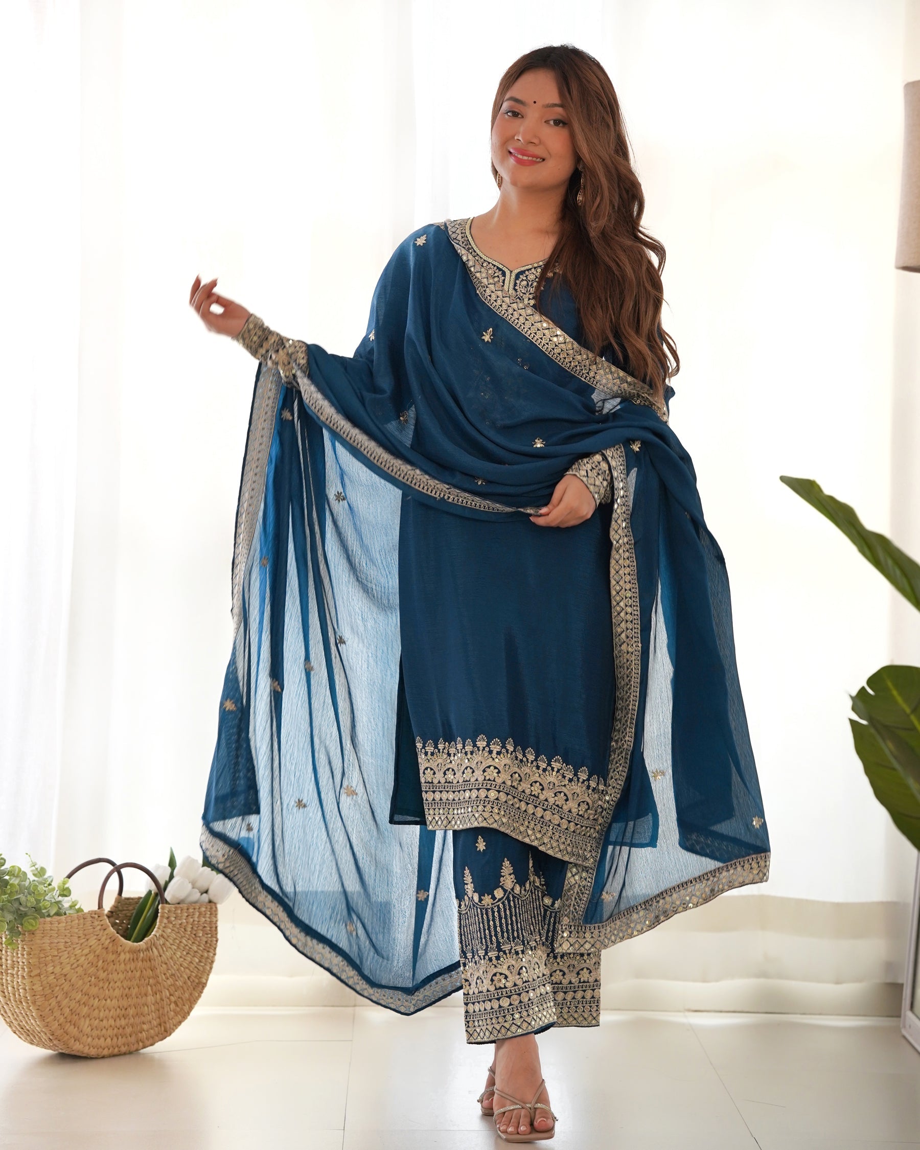 Lorenvalley Fashion Teal Chinon Silk Fabric With Beautiful Embroidery Sequence, Jari Work Kurta Pant with Dupatta