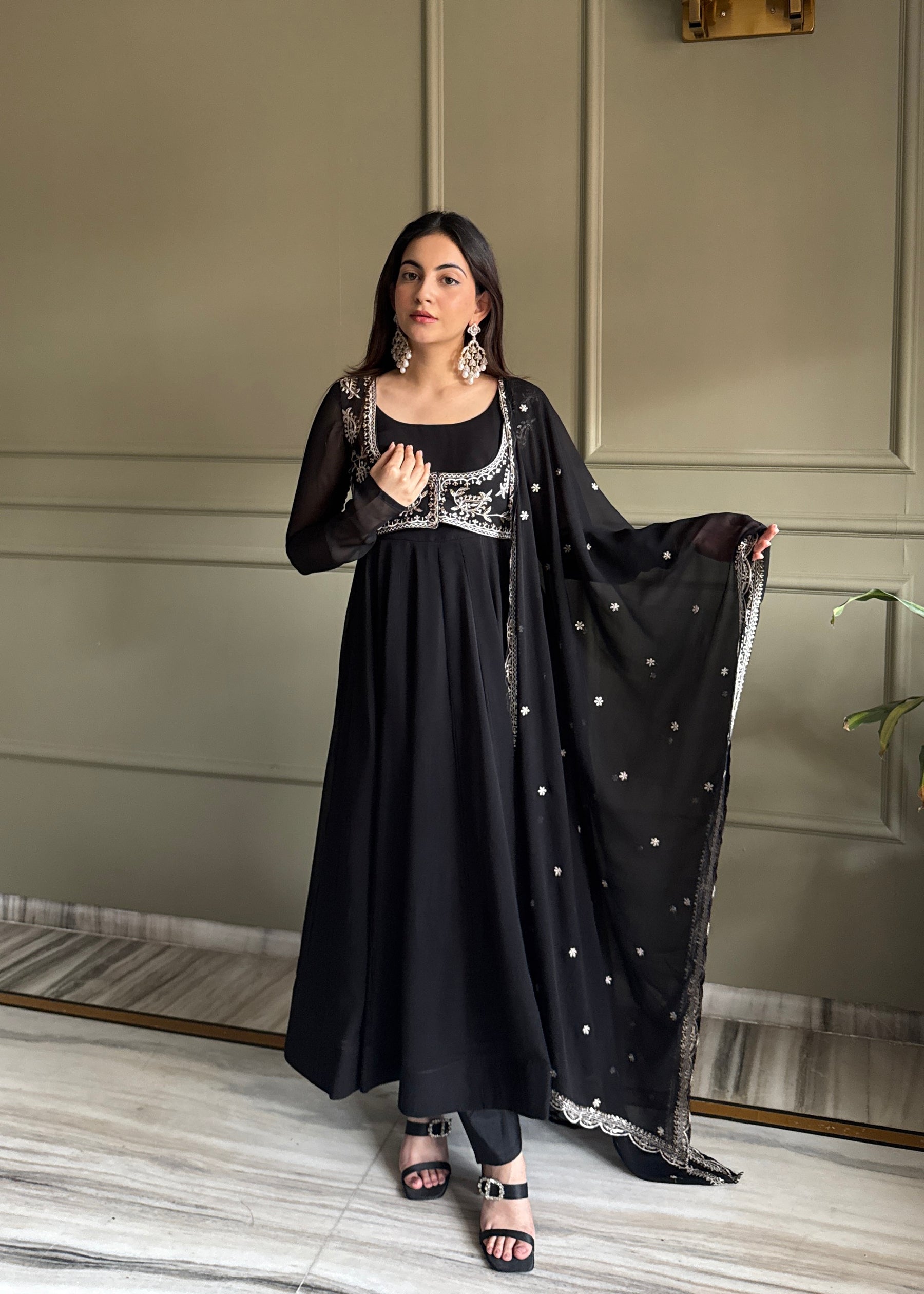 Lorenvalley Fashion Black Faux Georgette Yoke Fancy Work Koti 16 Kali Anarkali Gown Pant with Dupatta