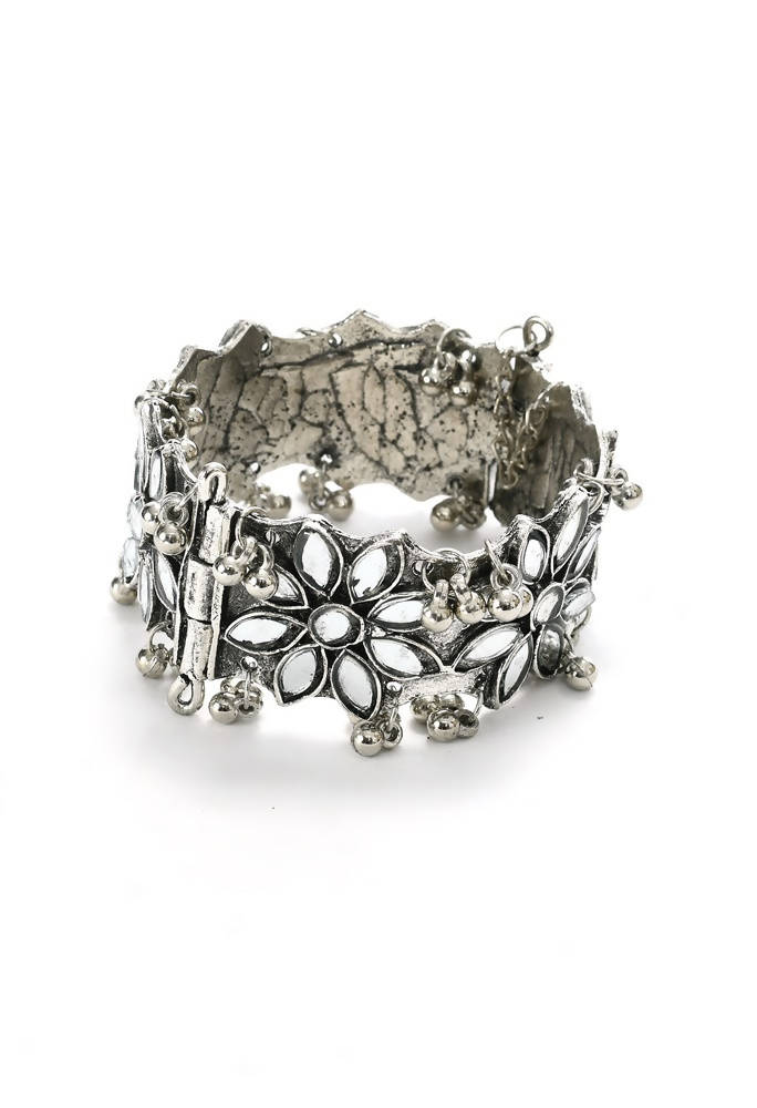 Mominos Fashion Kamal Johar Oxidised Silver-Plated Mirror work Design Bracelet