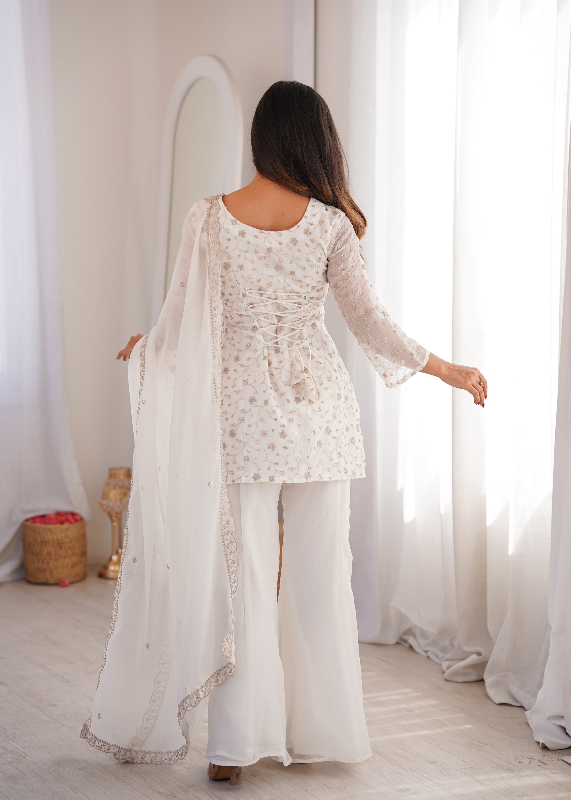 Lorenvalley Fashion Offwhite Crunchy Silk with Embroidery Sequence Jari work Kurta Bell Bottom Pant with Dupatta
