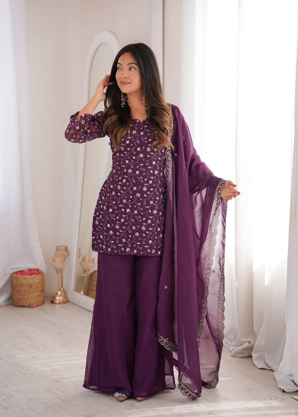 Lorenvalley Fashion Wine Crunchy Silk with Embroidery Sequence Jari work Kurta Bell Bottom Pant with Dupatta
