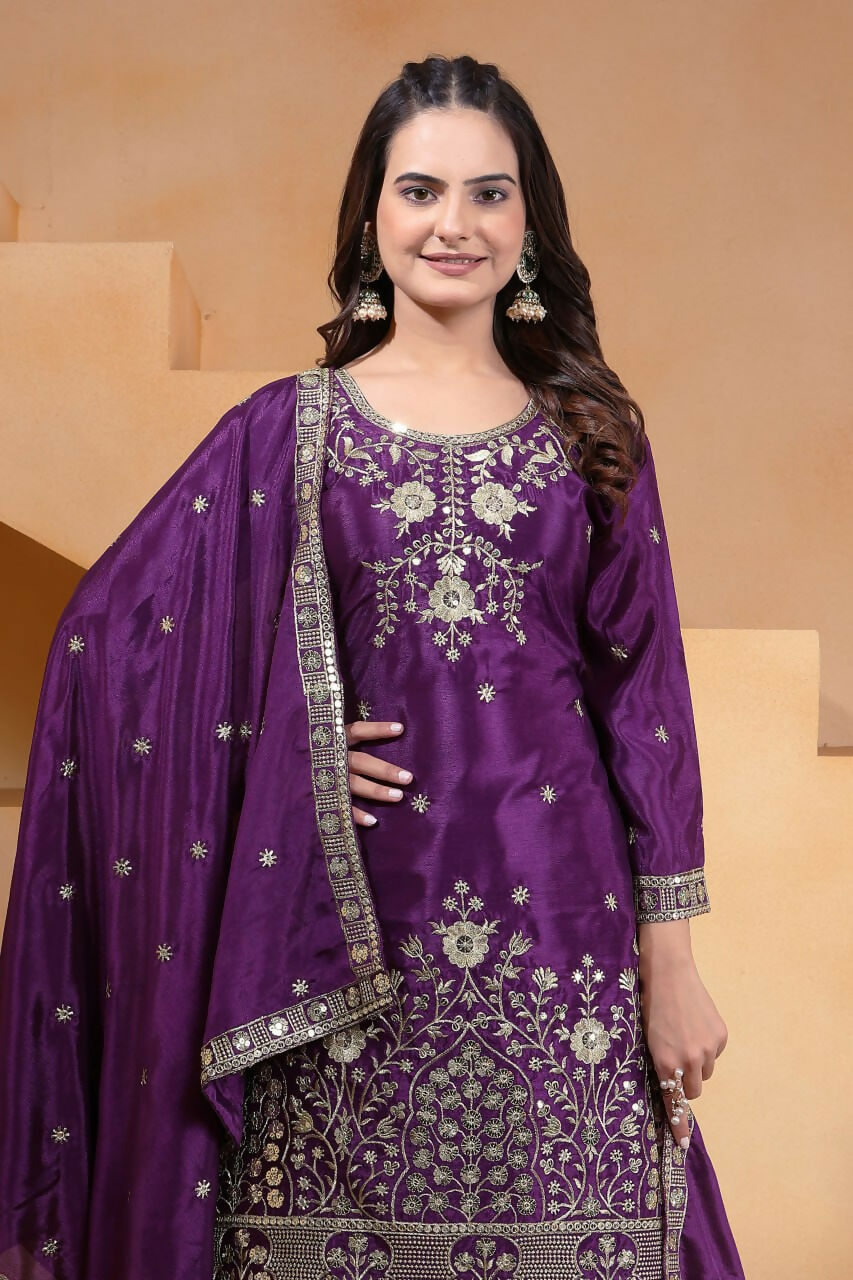 Teeya Creation Purple Chinon Embroidery Work Party Wear Palazzo Suit