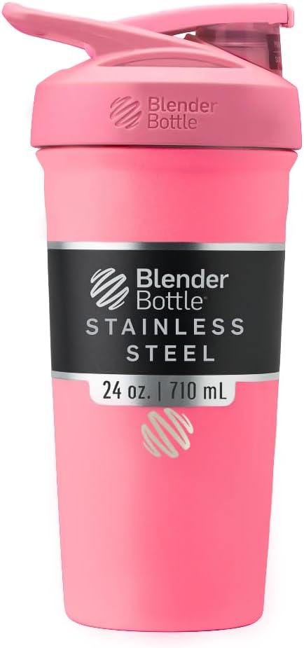 BlenderBottle Sport Insulated Stainless Steel Shaker Bottle with Wire Whisk, 24-Ounce, Pink – Protein Shakes & Hydration for Athletes & Fitness Enthusiasts, Easy Mixing, Keeps Drinks Cold, Lockable Lid
