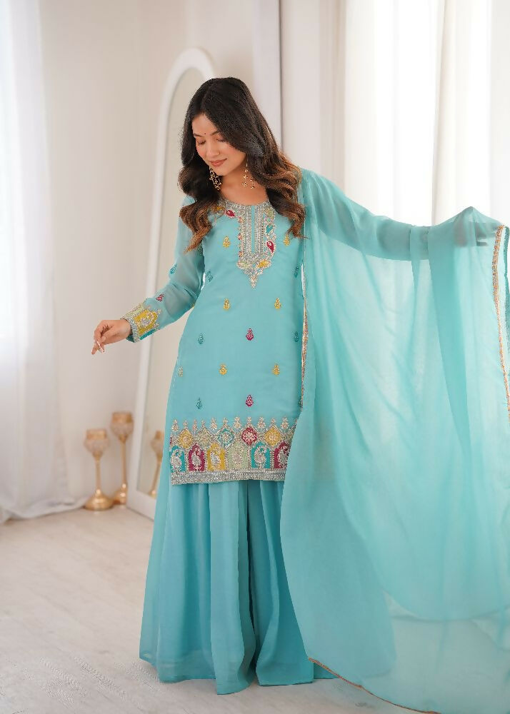 Teeya Creation Sky Blue Color Soft Crunchy Silk Party Wear Designer Sharara set