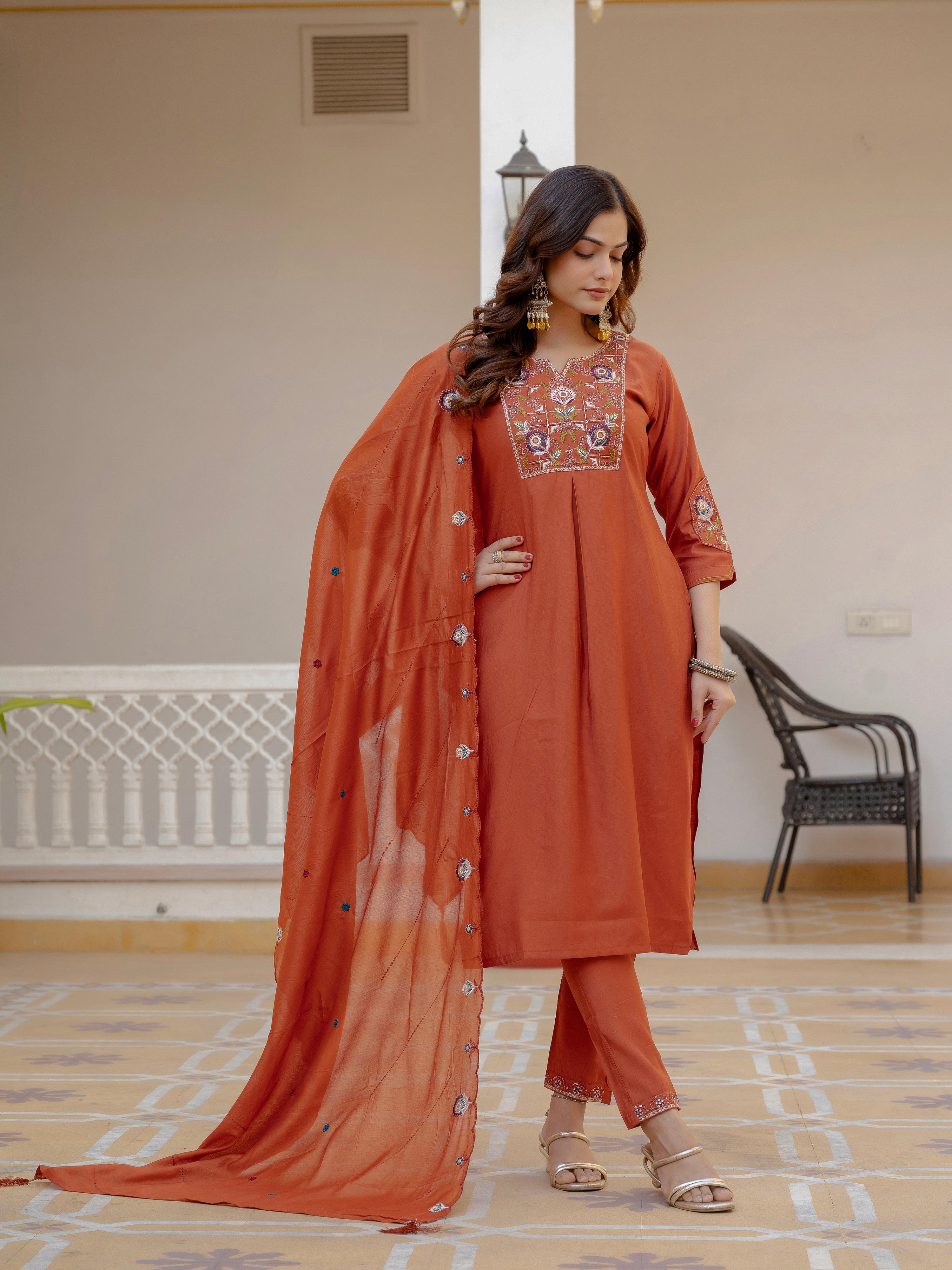 Pramukh Fab Rust Color Viscose Mango Silk Kurta Set