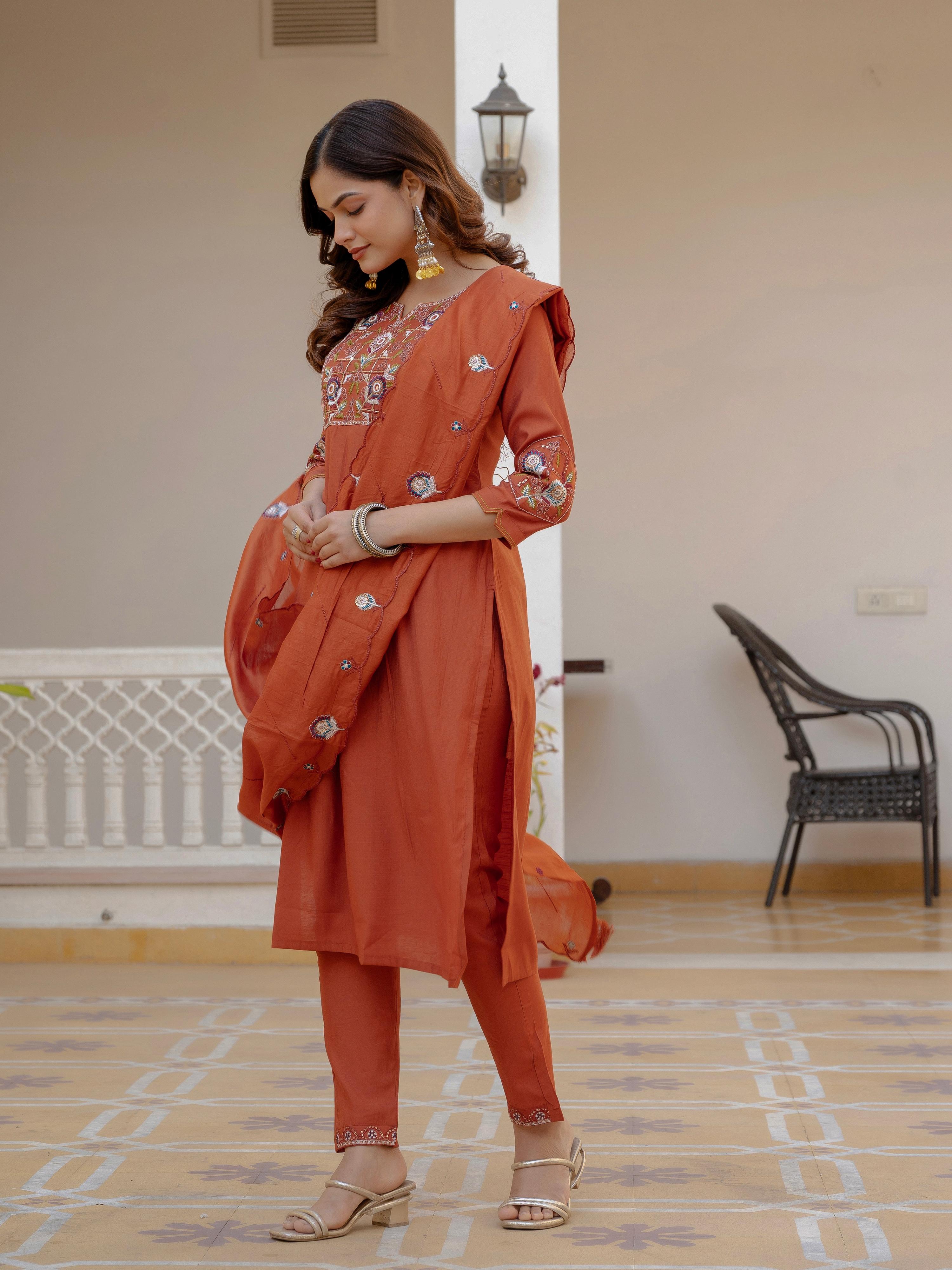 Pramukh Fab Rust Color Viscose Mango Silk Kurta Set