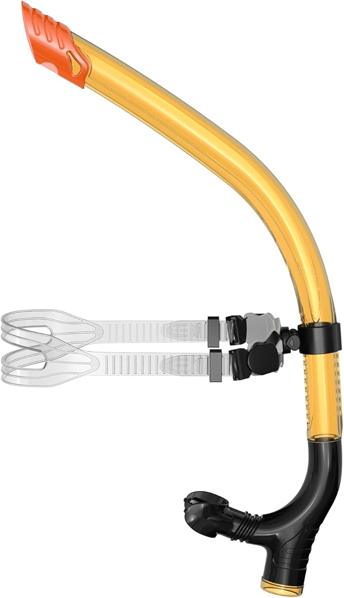 Swimmer's Snorkel for Lap Swimming, Adult Snorkeling Gear Swim Training, Center-Mount Silicone Mouthpiece One-Way Purge Valve in Pool and Open Water