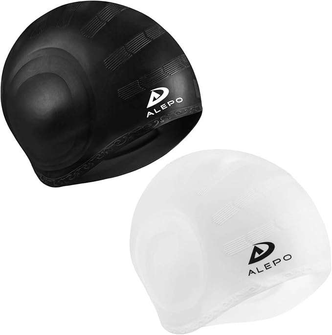 2 Pack Unisex Swim Caps with 3D Ear Protection, Durable Flexible Silicone Swimming Hats for Women Men Kids Adults, Bathing Swimming Caps for Short/Long Hair with Ear Plugs&Nose Clip