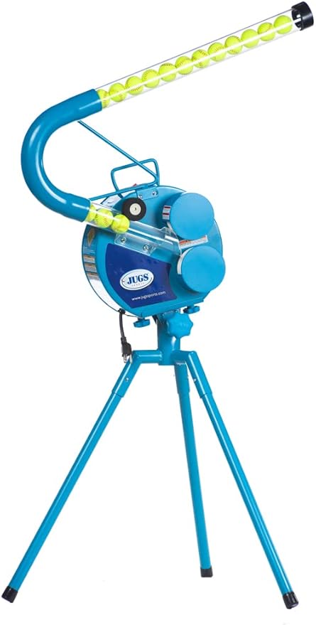 Jugs Small-Ball Pitching Machine with 2-Dozen Small-Balls—1-Dozen White and 1-Dozen Vision-Enhanced Yellow. Hitting Big. Throws fastballs or Overhand Curves., JUGS Blue