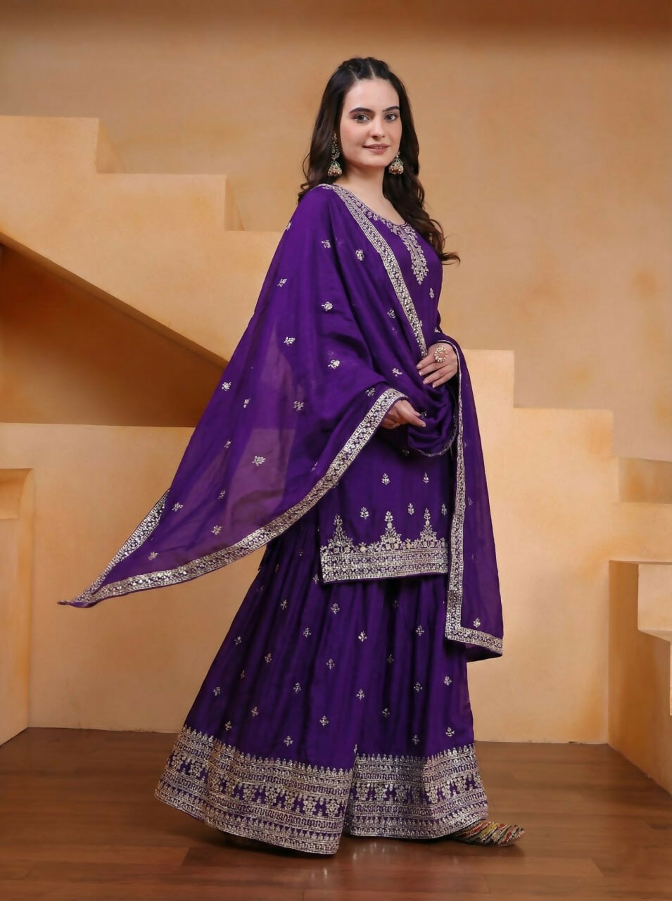 Joban Fashion Purple Silk Embroidered Sharara Set