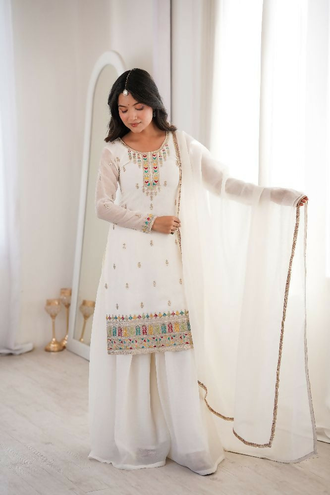 Teeya Creation White Color Soft Crunchy Silk Party Wear Designer Sharara set