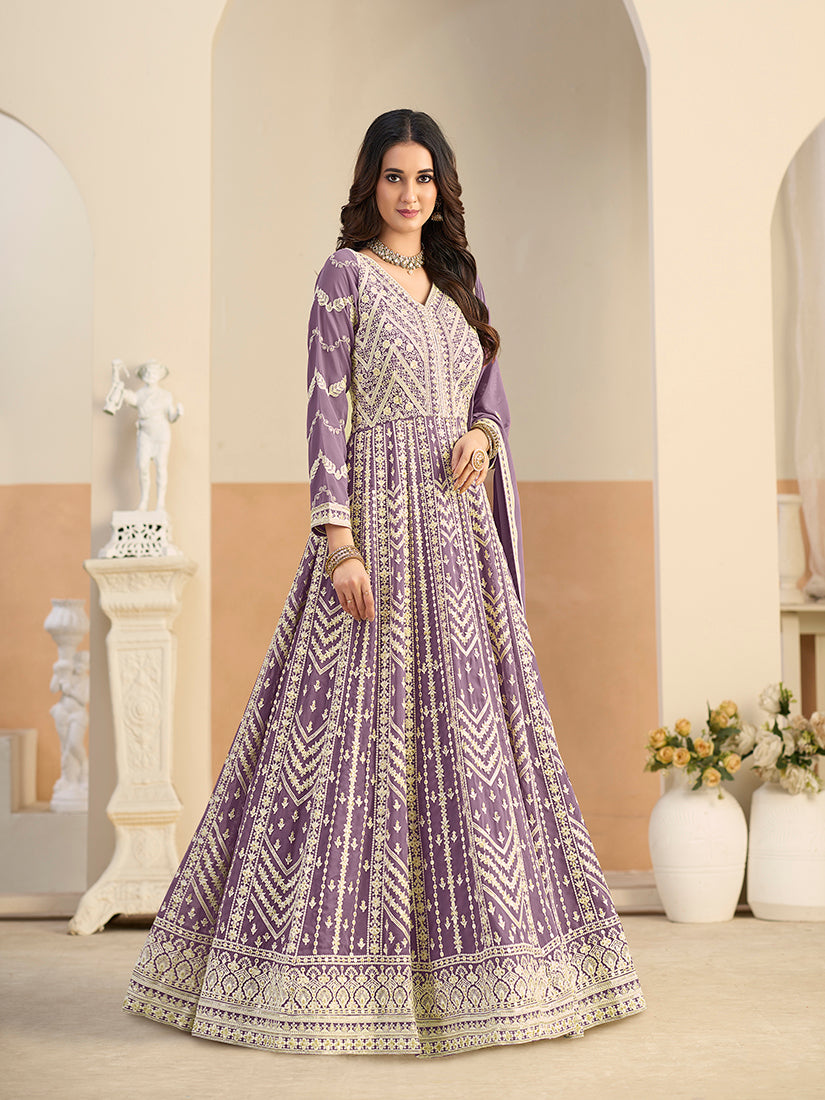 Monjolika Fashion Faux Georgette Embroidered Light Purple Anarkali Salwar Kameez