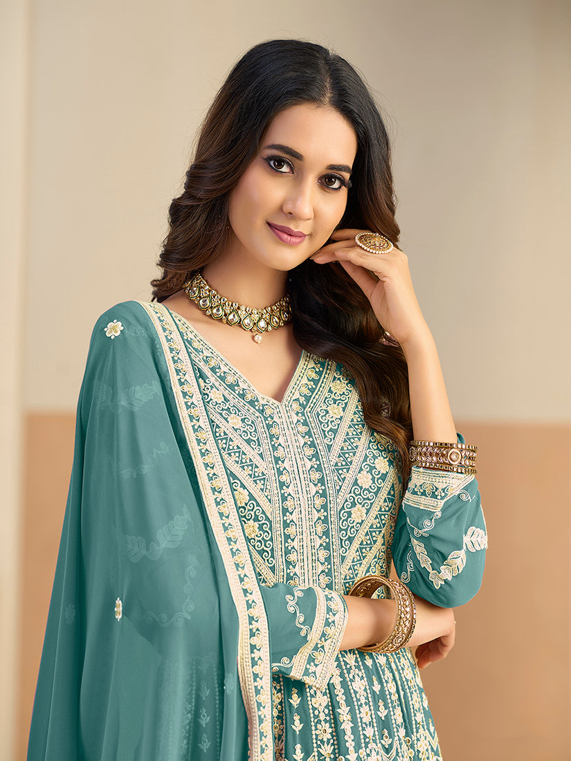 Monjolika Fashion Faux Georgette Embroidered Turquoise Anarkali Salwar Kameez