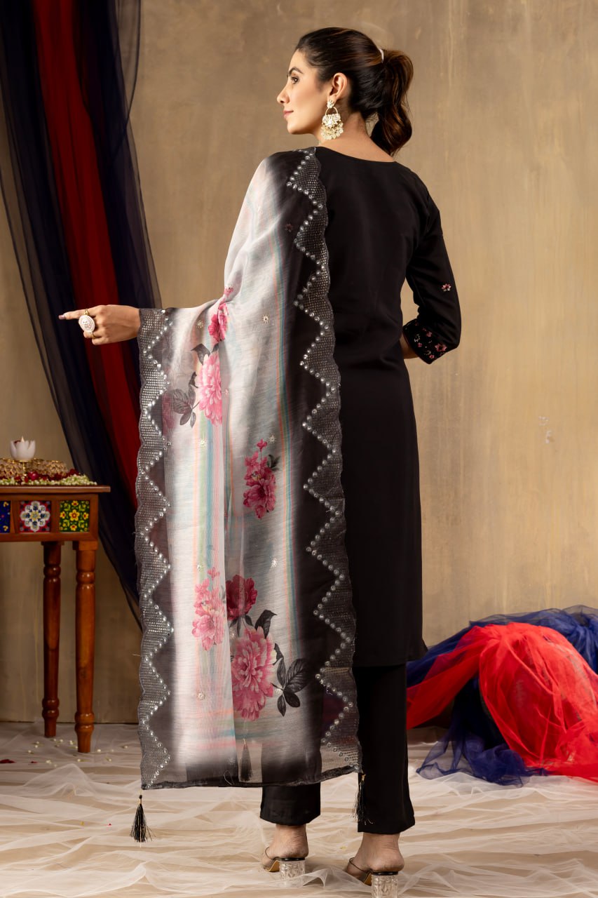 Pramukh Fab Black Color Roman Silk Kurta Set