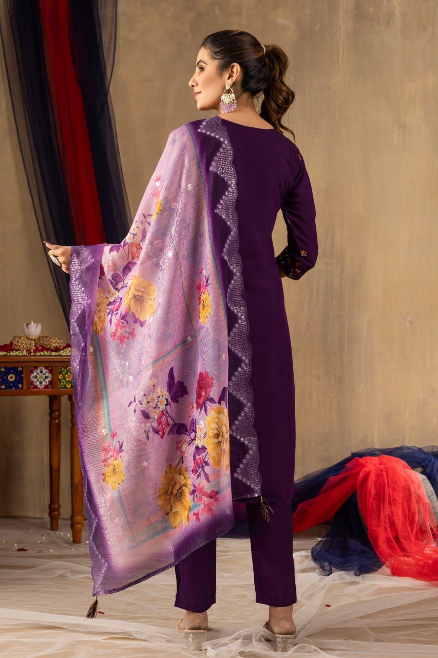 Pramukh Fab Purple Color Roman Silk Kurta Set