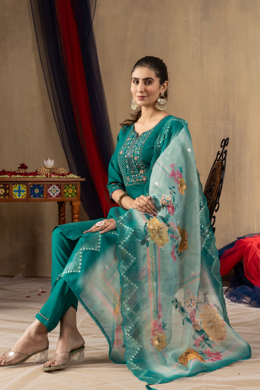 Pramukh Fab Sea Green Color Roman Silk Kurta Set