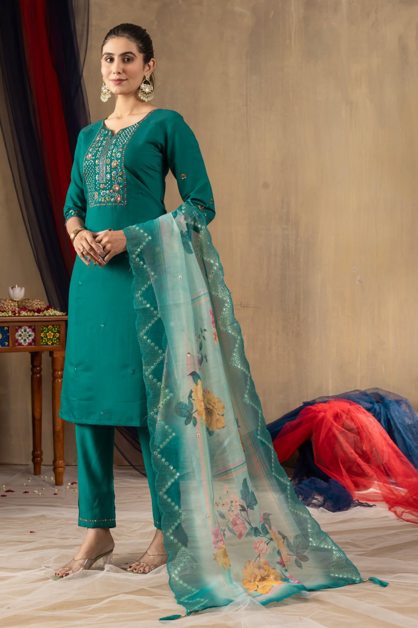Pramukh Fab Sea Green Color Roman Silk Kurta Set