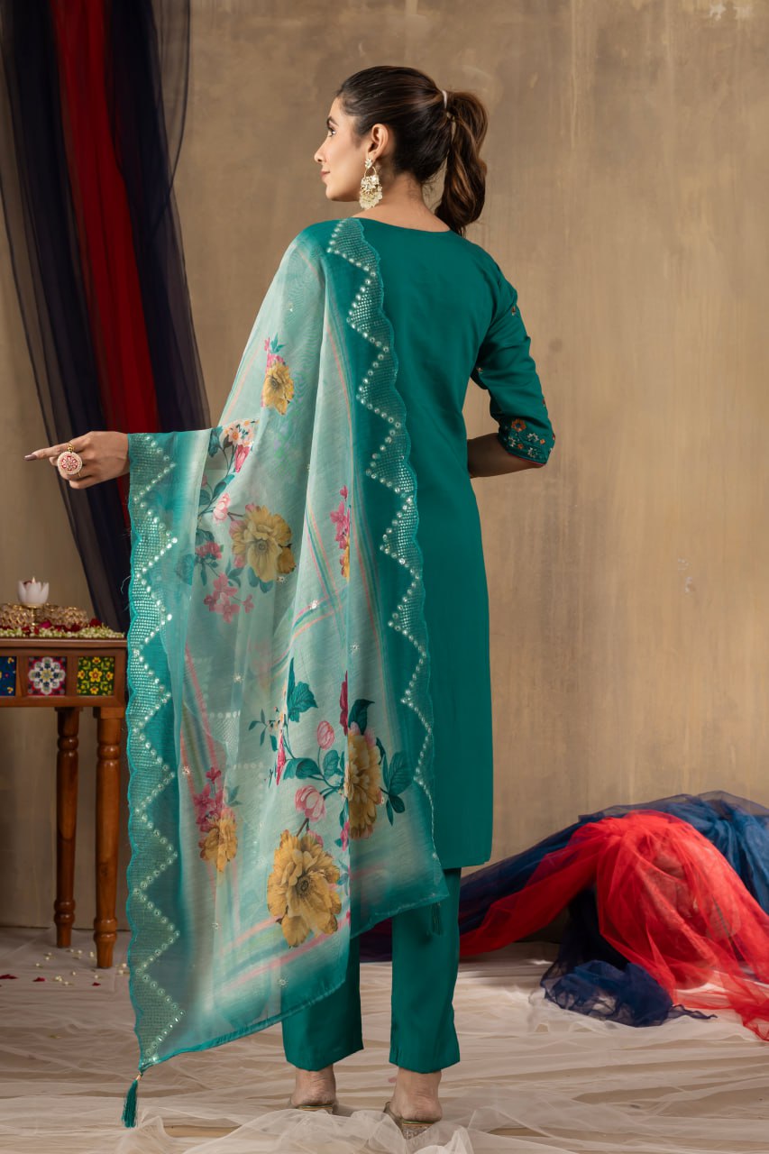 Pramukh Fab Sea Green Color Roman Silk Kurta Set