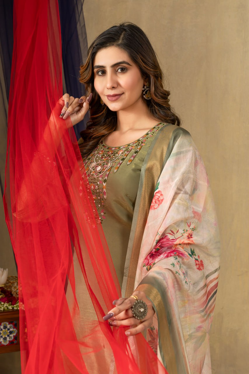 Pramukh Fab Mehendi Green Shimmer Gold Silk Color Kurta Set