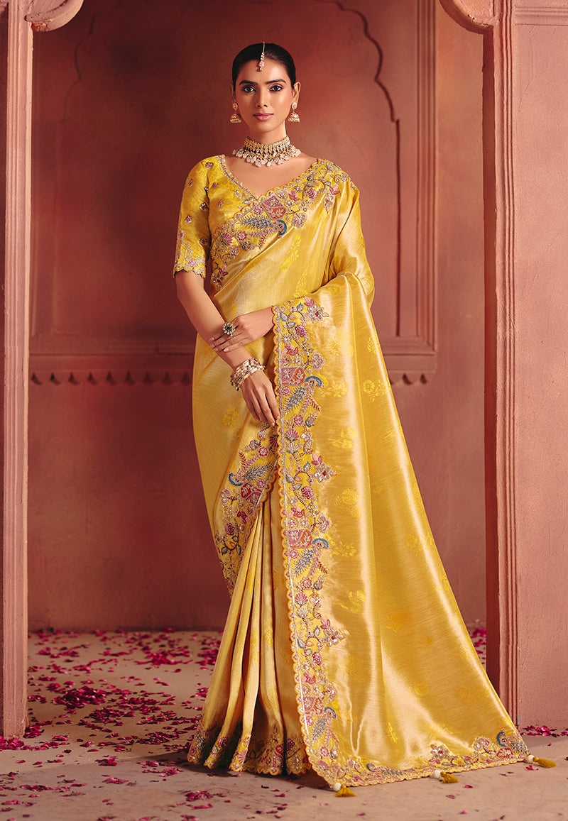 Monjolika Fashion Yellow Silk Blend Embroidered Saree
