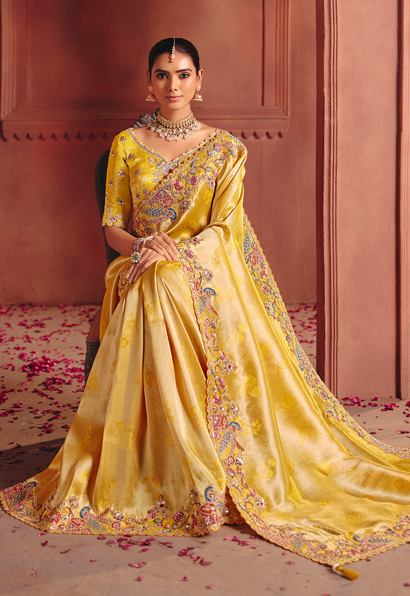 Monjolika Fashion Yellow Silk Blend Embroidered Saree