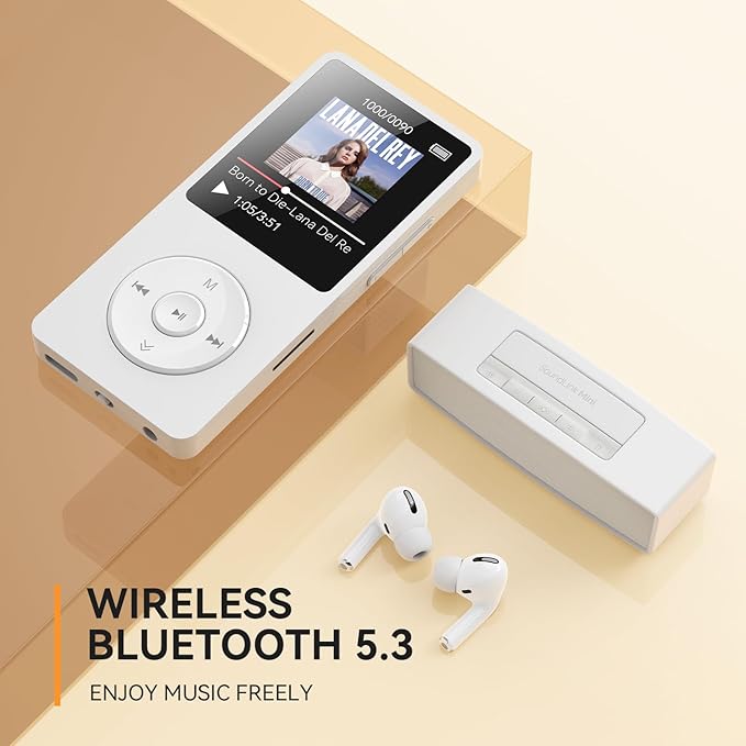 AGPTEK A02 MP3 Player with Bluetooth 5.3, 1.8 inch Screen Portable Music Player with Speaker, FM Radio, Voice Recorder, Supports Expanded Up to 128GB(White, 64GB)