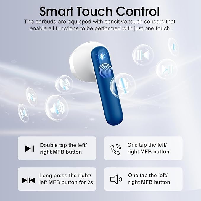 Wireless Earbuds, Bluetooth 5.4 Headphones with 3D Bass Stereo, 40H Ultralight in-Ear Buds, Bluetooth Earbuds with 4 ENC Noise Cancelling Mic, USB-C, IP7 Waterproof Earphones for Android iOS, Blue