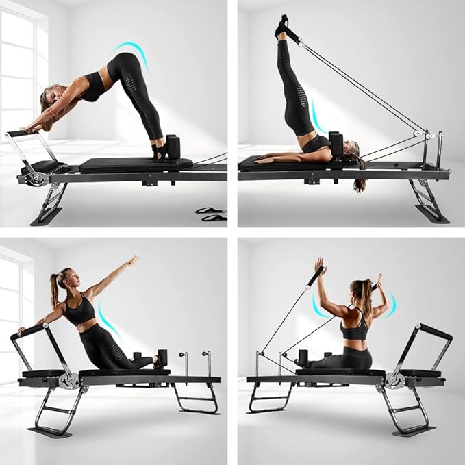 ONETWOFIT Pilates Reformer, Foldable Pilates Machine & Equipment for Home Gym Workout Suitable for Advanced and Beginners Max 440LBS Gray