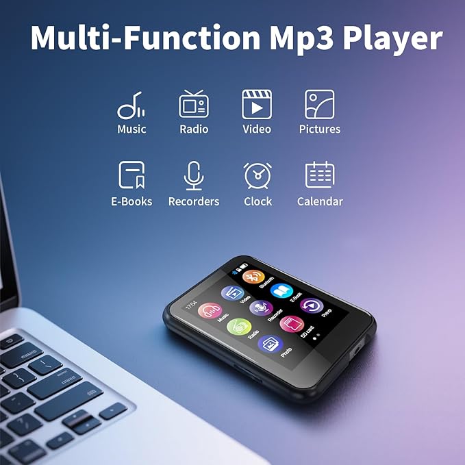 16GB MP3 Player with Bluetooth 5.3, QNGEE 2.4 inch Full Touchscreen Music MP3 for Kids, FM Radio, Voice Recorder, HiFi Sound, E-Book, Earphones Included