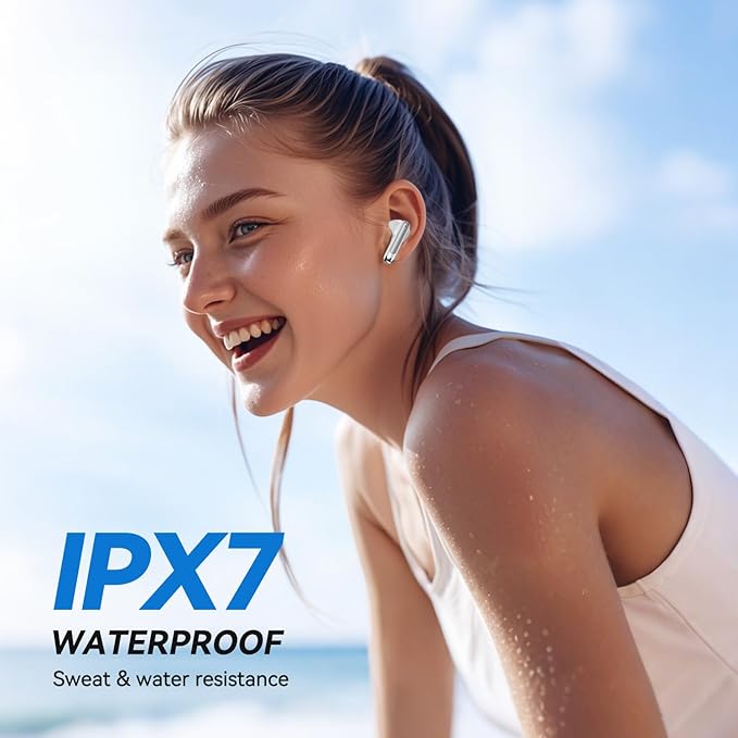 Wireless Earbuds, 2025 Bluetooth 5.4 Bass Stereo Headphones with 4 ENC Mic, 50H Playback Ear Buds with Charging Case LED Display,Sport Earphones IPX7 Waterproof for Phone, Android, Pad, White