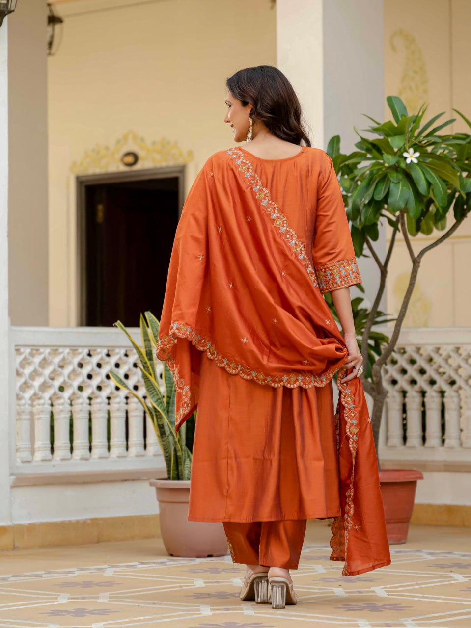 Pramukh Fab Orange Color Roman Silk Kurta Set