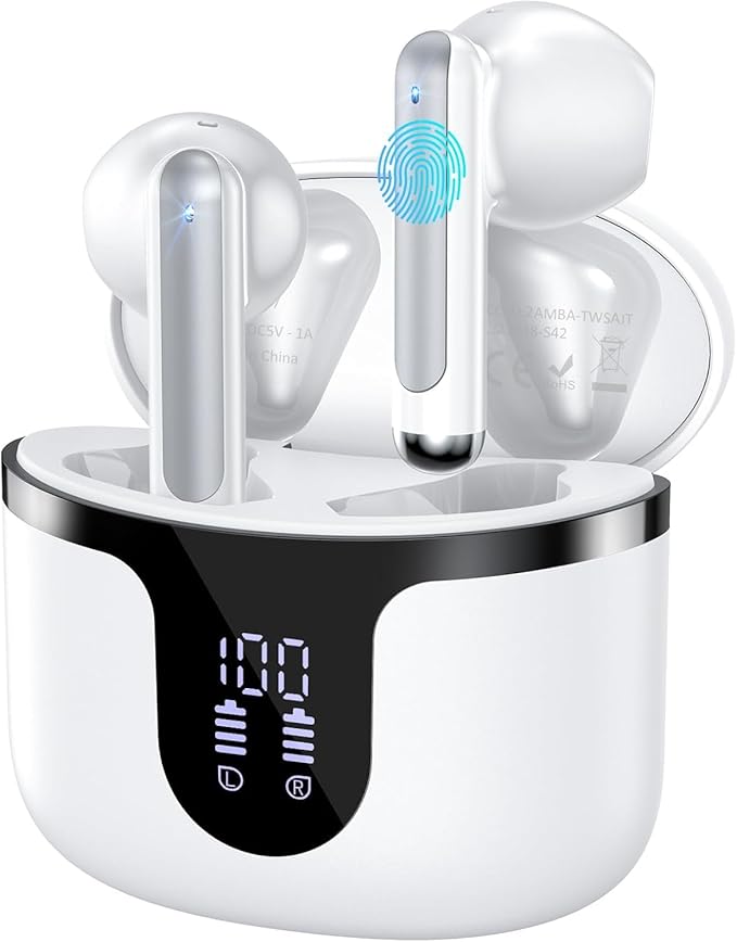 Wireless Earbuds, 2025 Bluetooth 5.3 Headphones HiFi Stereo 50H Playback Ear Buds with Led Digital Display, ENC Noise Cancelling Earbuds for Laptop Computer, iOS, Android, White