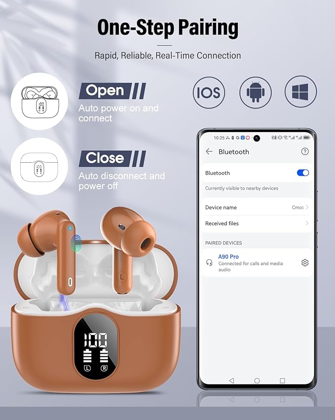Wireless Earbuds, Bluetooth 5.4 Headphones Bass Stereo, Ear Buds with Noise Cancelling Mic, IP7 Waterproof in Ear Earphones, 36H LED Display Bluetooth Earbuds for Laptop Pad Phones Sports, Brown
