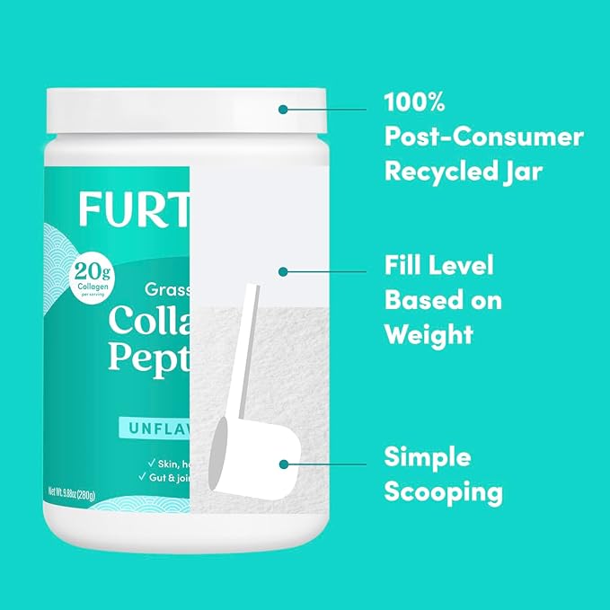 Further Food Unflavored Collagen Peptides Powder, Grass-Fed Pasture-Raised Hydrolyzed Type 1 & 3 Protein, Gut Health + Joint, Hair, Skin, Nails, Paleo Keto Sugar-Free 9.88 oz