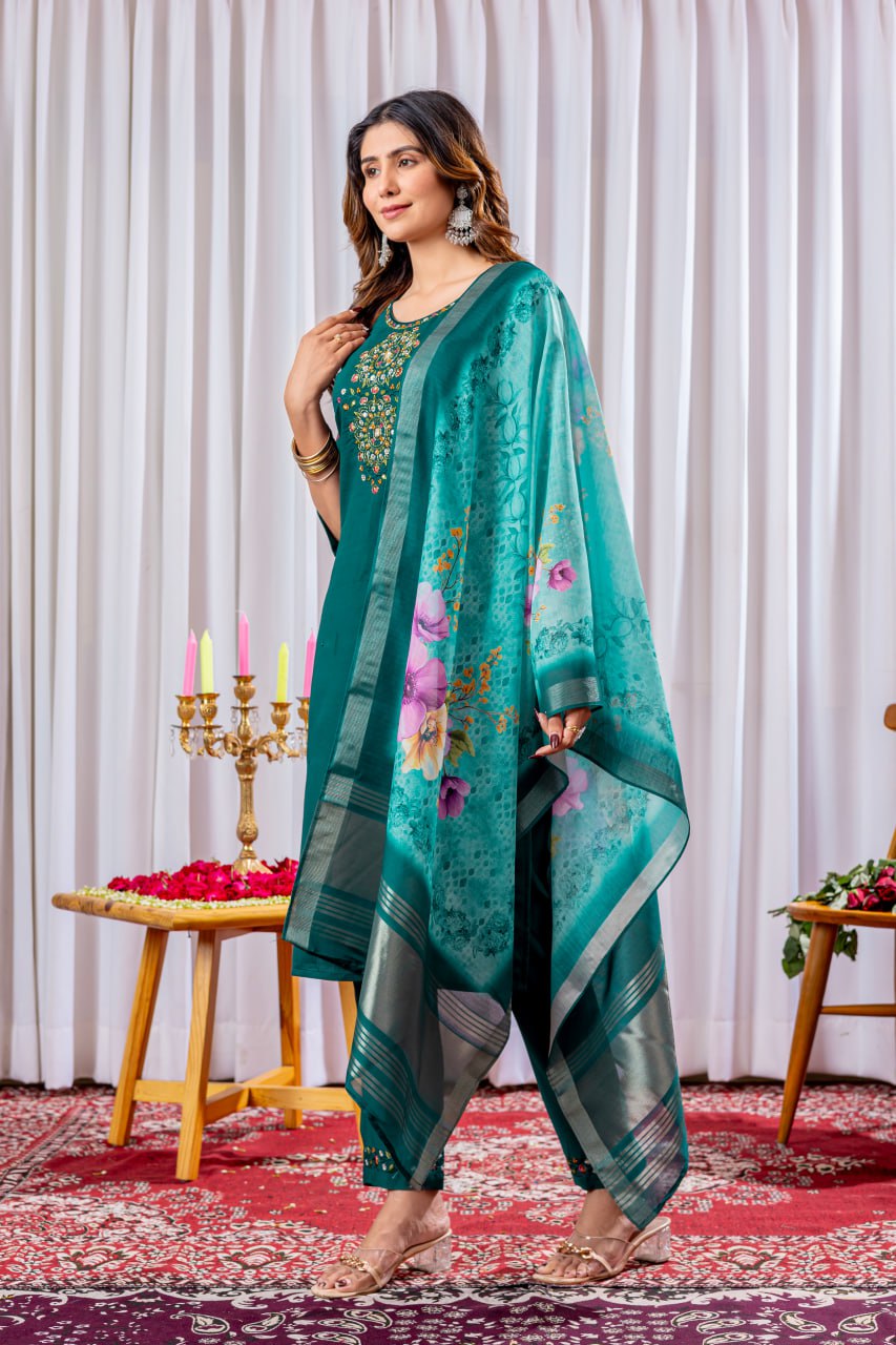 Pramukh Fab Teal Green Color Viscose Silk Kurta Set