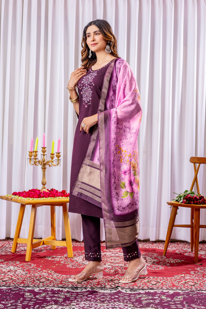 Pramukh Fab Plum Color Viscose Silk Kurta Set