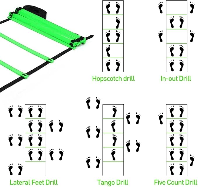 Speed & Agility Ladder Training Equipment Set, Includes 12 Rung 20ft Agility Ladder, 4 Agility Hurdles,12 Disc Cones, 1 Resistance Parachute for Training Football Soccer Basketball Athletes