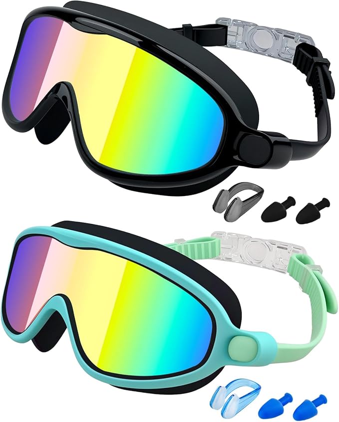 Rantizon Swim Goggles 2 Pack, Wide View Anti Fog&UV Swimming Goggles for Audlt, No Leaking Swim Glasses for Men Women Kids