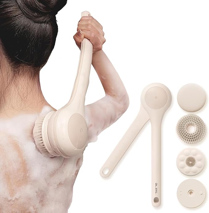 Electric Body Brush Back Scrubber for Shower, Waterproof Long Dual Handle Power Body Scrubber with 3 Heads, Rechargeable Bath Brush & 2 Speeds, for Cleansing, Exfoliating and Massaging Skin