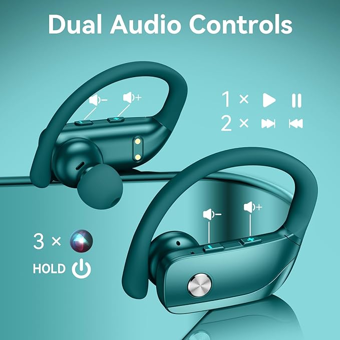 bmani Ear Buds Wireless Earbuds Bluetooth Headphones with 80H Playtime LED Display Case, Over-Ear Hook with Mic, Stereo Sound, Easy Button Controls, Sports Earphones for Running Workout Gym Green