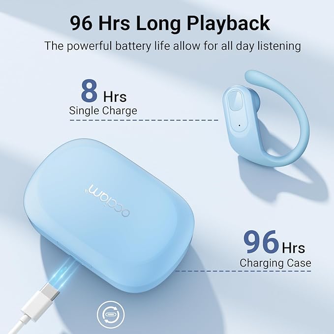 occiam Wireless Earbuds Bluetooth Headphones Ear Buds 96Hrs Playback Sport Over-Ear Waterproof Wireless Headphones Earphones with Earhooks ENC Mics Clear Call for Sport Running Workout Sky Blue