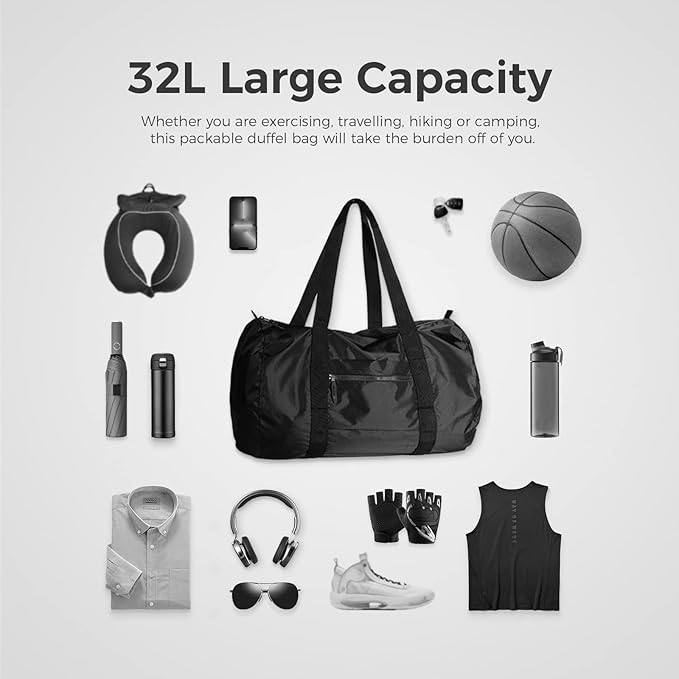 pack all Lightweight Travel Duffel Bag, Water-Resistant Sports Gym Bag, 32L Foldable Weekender Bag for Fitness, Hiking and Camping (Navy Blue)