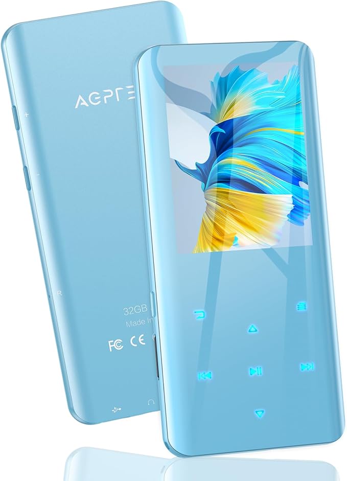 MP3 Player with Bluetooth 5.3, AGPTEK A19X 2.4" Curved Screen Portable Music Player with Speaker Lossless Sound with FM Radio, Voice Recorder, Built in 32GB, Supports up to 128GB, Blue