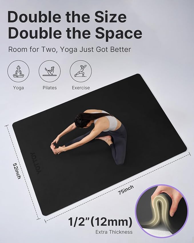 YOTTOY Large Yoga Mat (75 * 52 * 1/2inch),Extra Wide TPE Exercise Mat,Non-Slip Workout Mat for Pilates, Fitness, Barefoot, Home Gym Studio with Strap and Towel