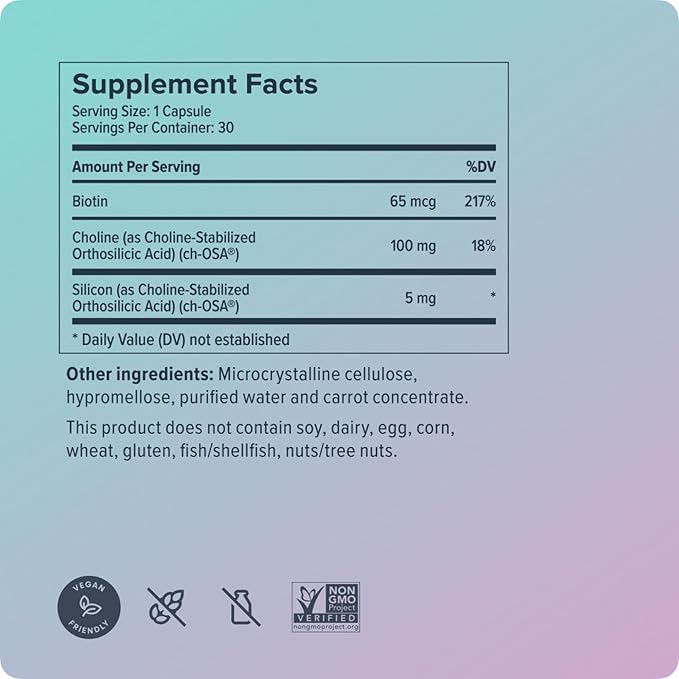 Biosil Advanced Hair + Nail Care - Growth Vitamins for Women - Strengthen & Thicken Strands - 30 Capsules - Patented ch-OSA - 15-Day Supply