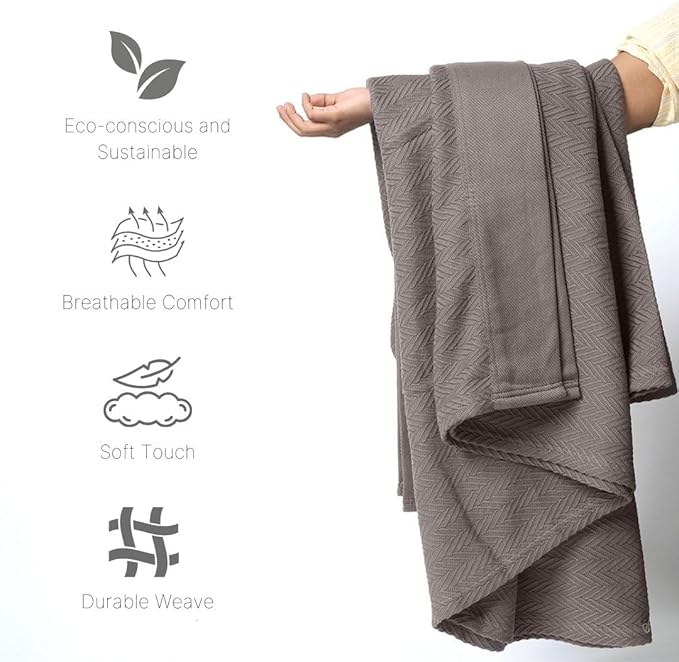 100% Cotton Herringbone Blankets, 66"X90" Twin, Throw Blanket for Bed, All Season Cotton Blanket, Cozy Blanket,Throws & Bed Blanket, Throw Blanket for Couch, Modern Home Decor -Charcoal Grey