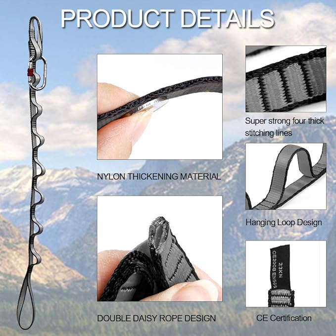 DASKING 23KN (5070 lbs) Heavy Duty Climbing Straps - 2 Pack Adjustable Daisy Chain Webbing for Aerial Yoga, Hammock, Fitness & Rigging - CE/EN566 Certified, Red/Grey