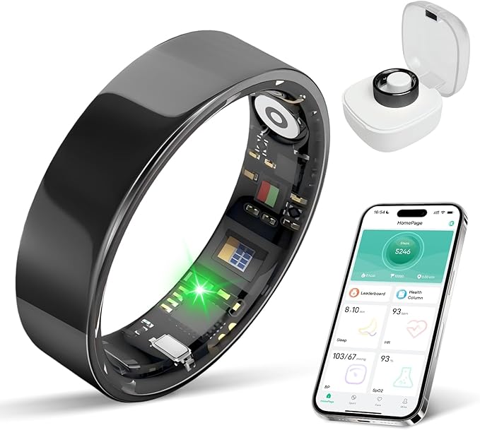 Smart Ring with Sleep Monitoring, No APP Subscription, 10-Day Battery Life, Stress/Heart Rate/Women's Health Tracker, Android & iOS Compatible (Black, 7)