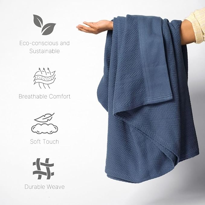 100% Cotton Herringbone Weave Blankets, 90"X90" Queen, Throw Blanket for Bed,All Season Cotton Blanket, Cozy Blanket,Throws Bed Blanket, Throw Blanket for Couch,Modern Home Decor -Navy Blue